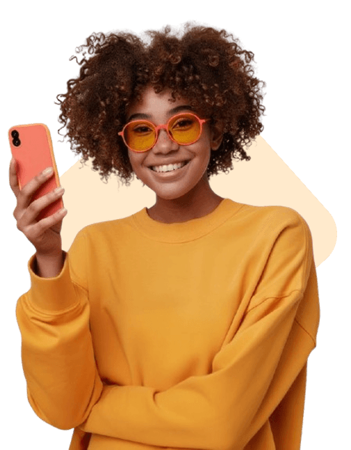 Smiling woman using phone to manage invoices with Trevidia