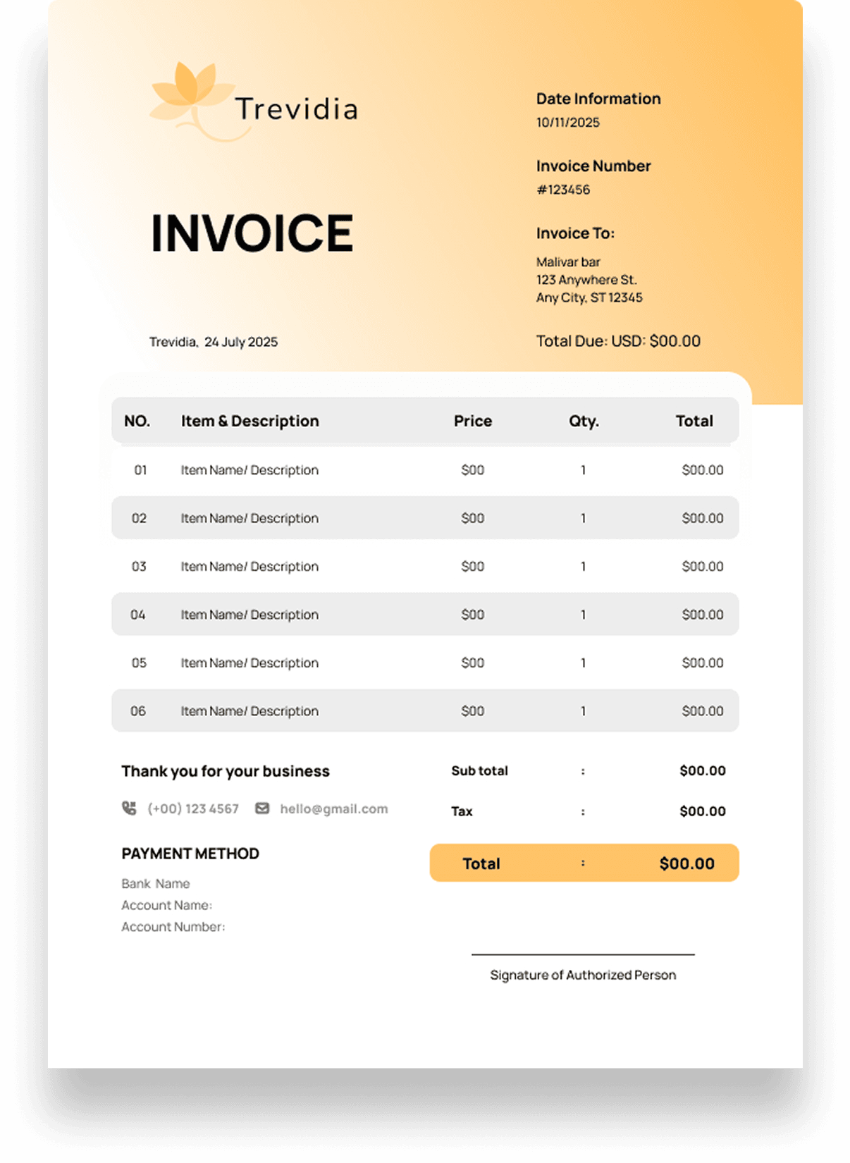 Trevidia's invoice template